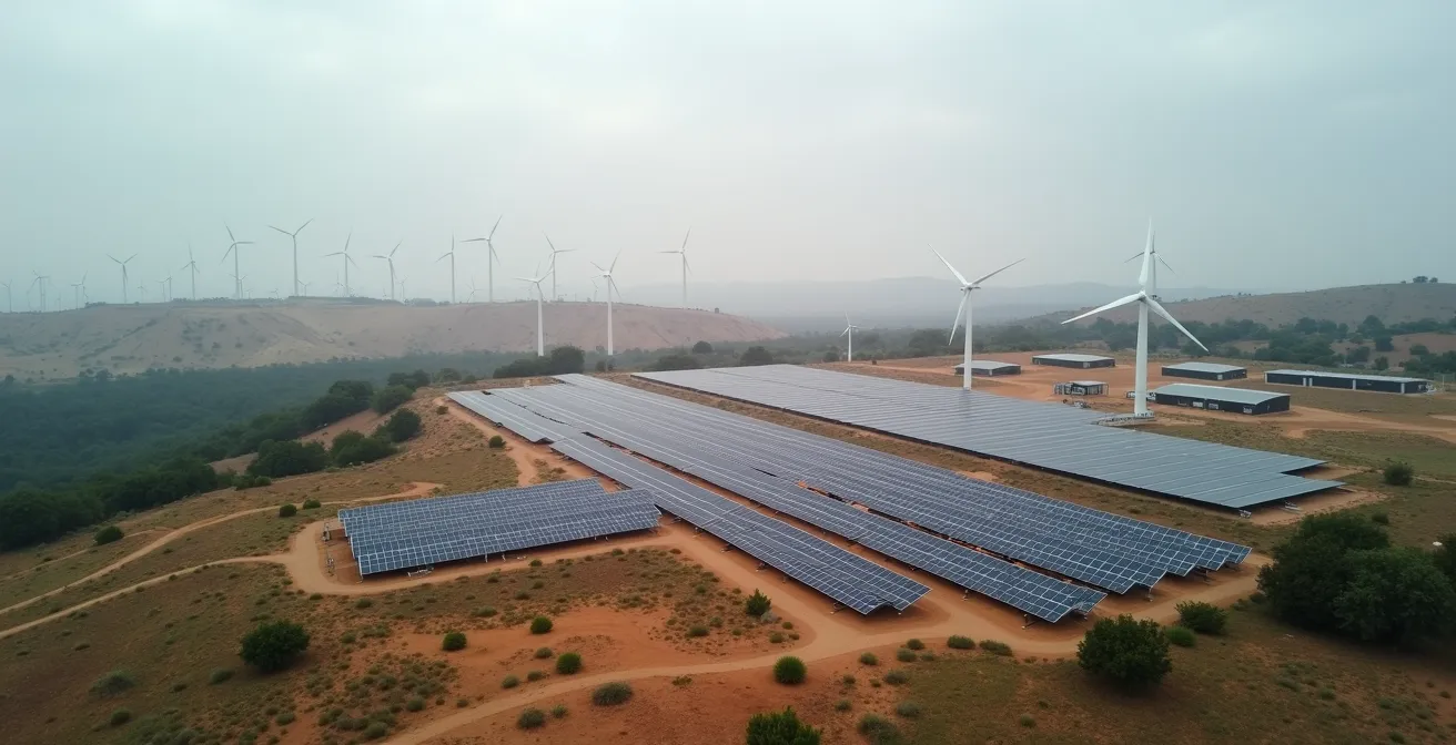 Aerial view of diverse renewable energy installations with varying storage capacities