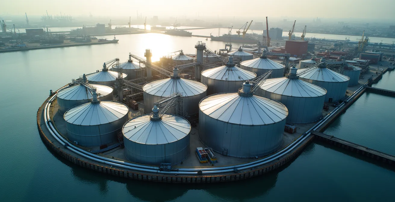 Aerial view of industrial port with ammonia storage tanks and steel plants