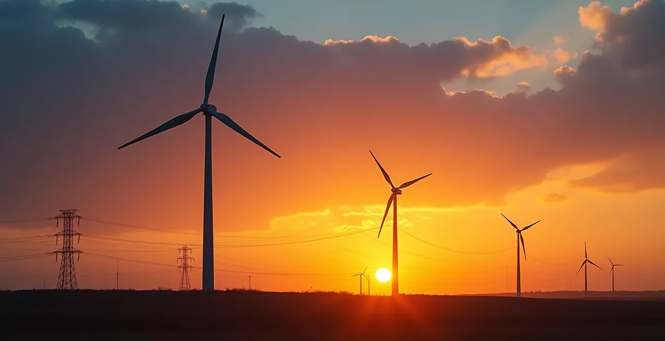 Wind turbine blades frozen at sunset with power lines in distance